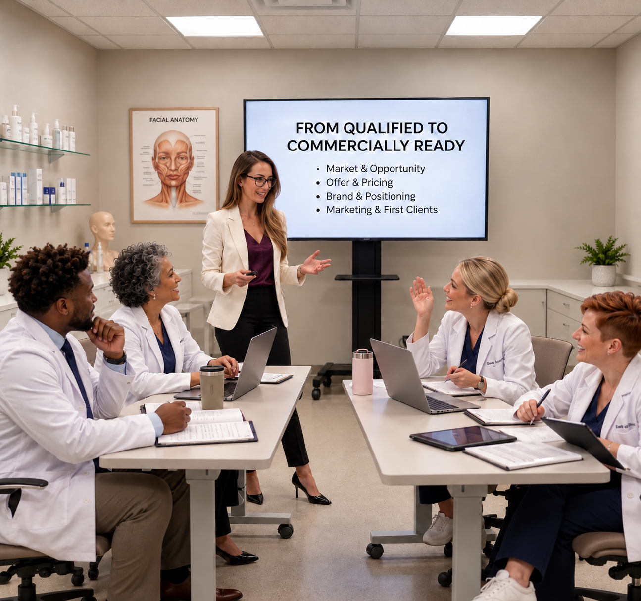 Aesthetics training provider leading a business workshop
