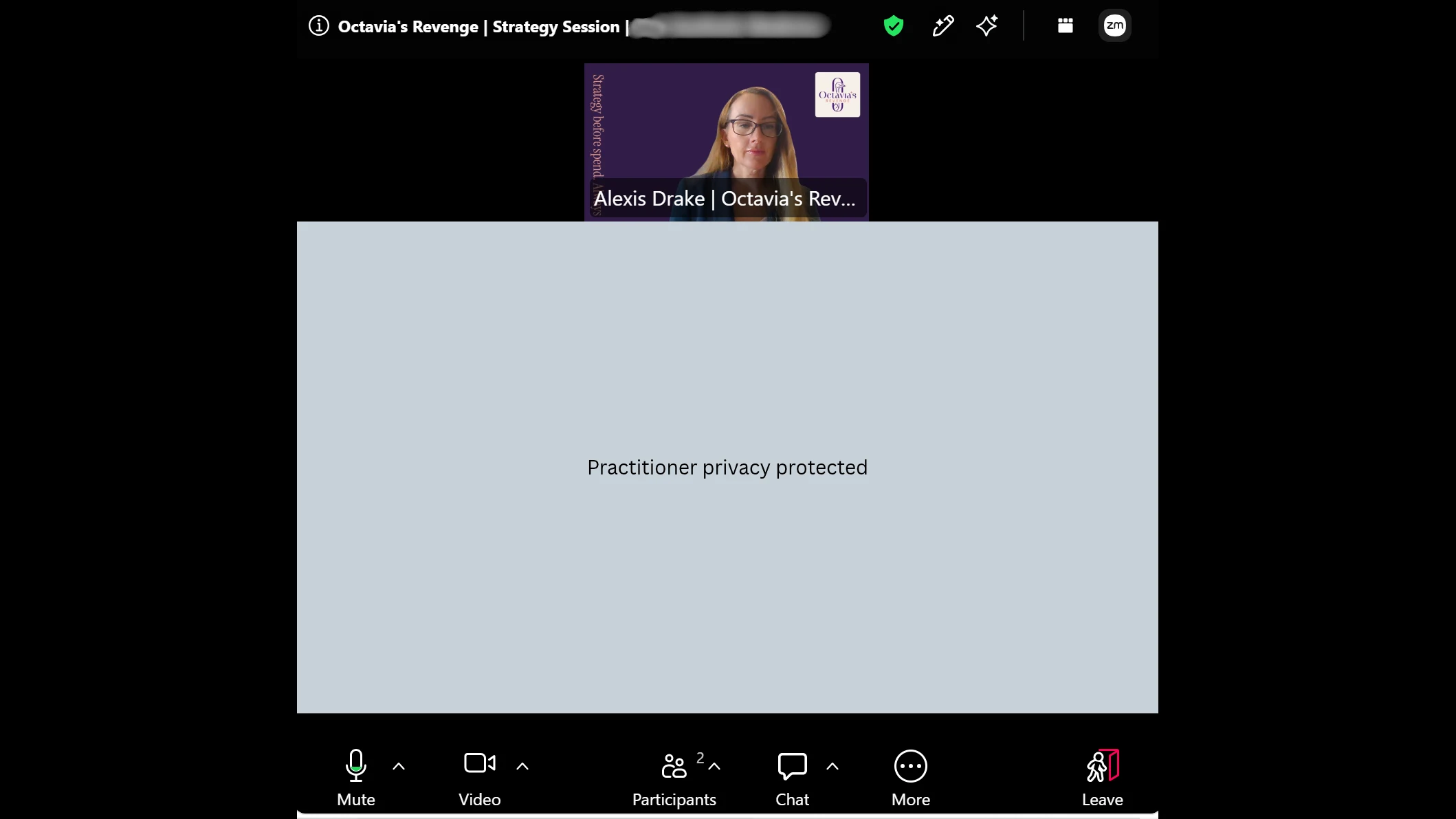 Alexis Drake in an online strategy session, with the other participant redacted and labelled Practitioner privacy protected